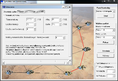 Zrzut ekranu z programu Symulator sieci komórkowej - opcje algorytmu