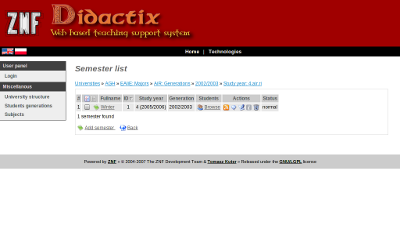 Zrzut ekranu z aplikacji Didactix 1 - lista semestrów